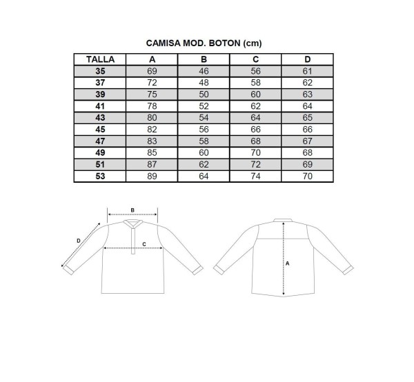 Guía tallas Camisa Botón