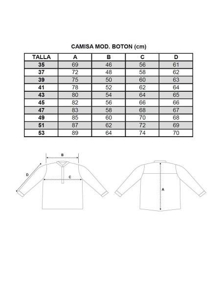 Guía tallas Camisa Botón
