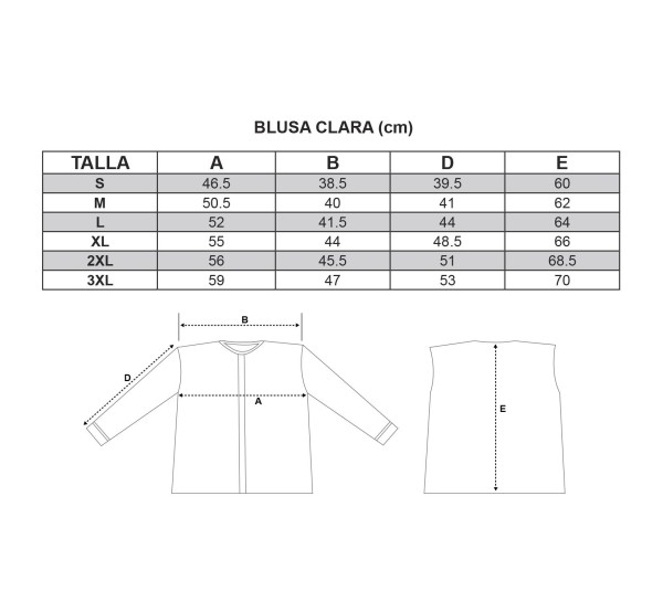 Guia de Tallas Blusa Clara en blanco o en crudo para traje regional de mujer