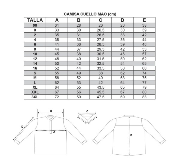 Guía Tallas Camisa Cuello Mao Infantil