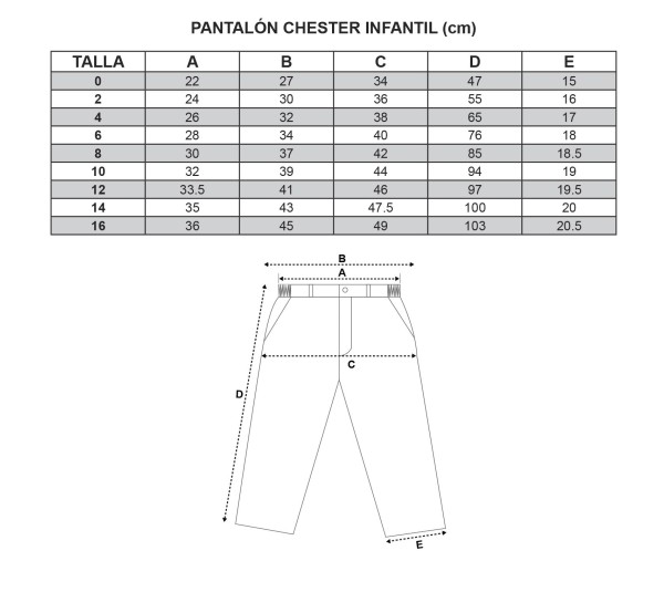 Pantalón Chester Infantil guía de tallas